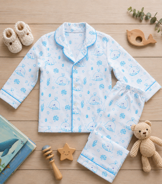 Organic muslin cotton night suit in Whale Fish