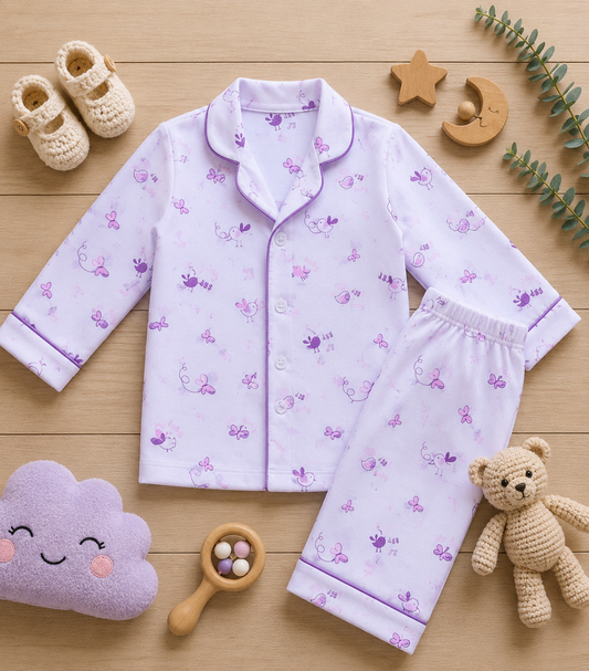 Organic muslin cotton night suit in Purple Bird