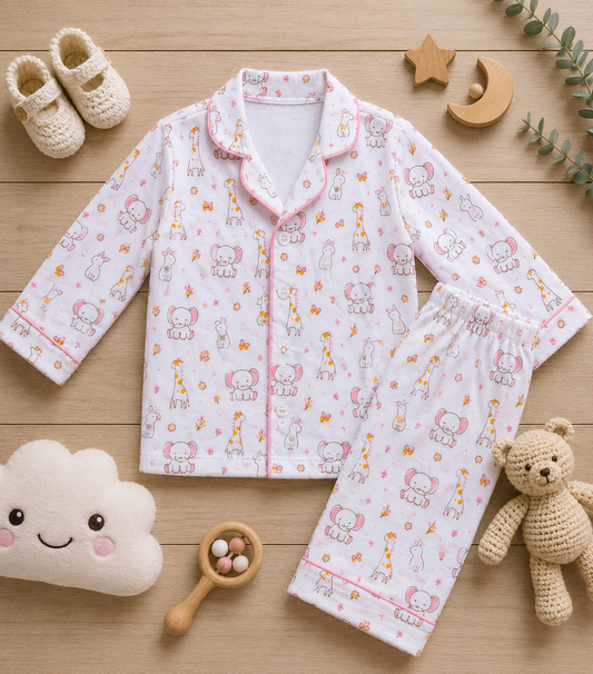 Organic muslin cotton night suit in Giraffe & Elephant