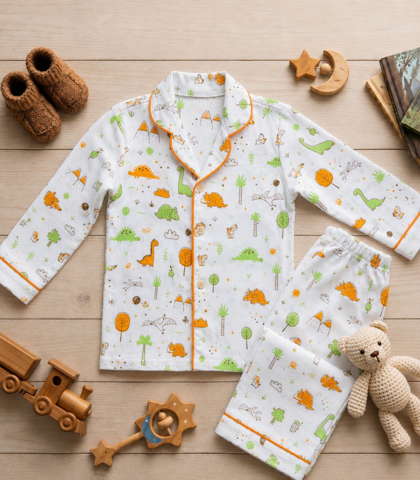 Organic muslin cotton night suit in Dinosaurs