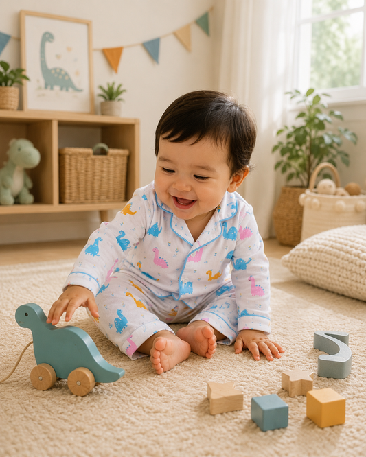 Organic muslin cotton night suit in Little Foot Dino