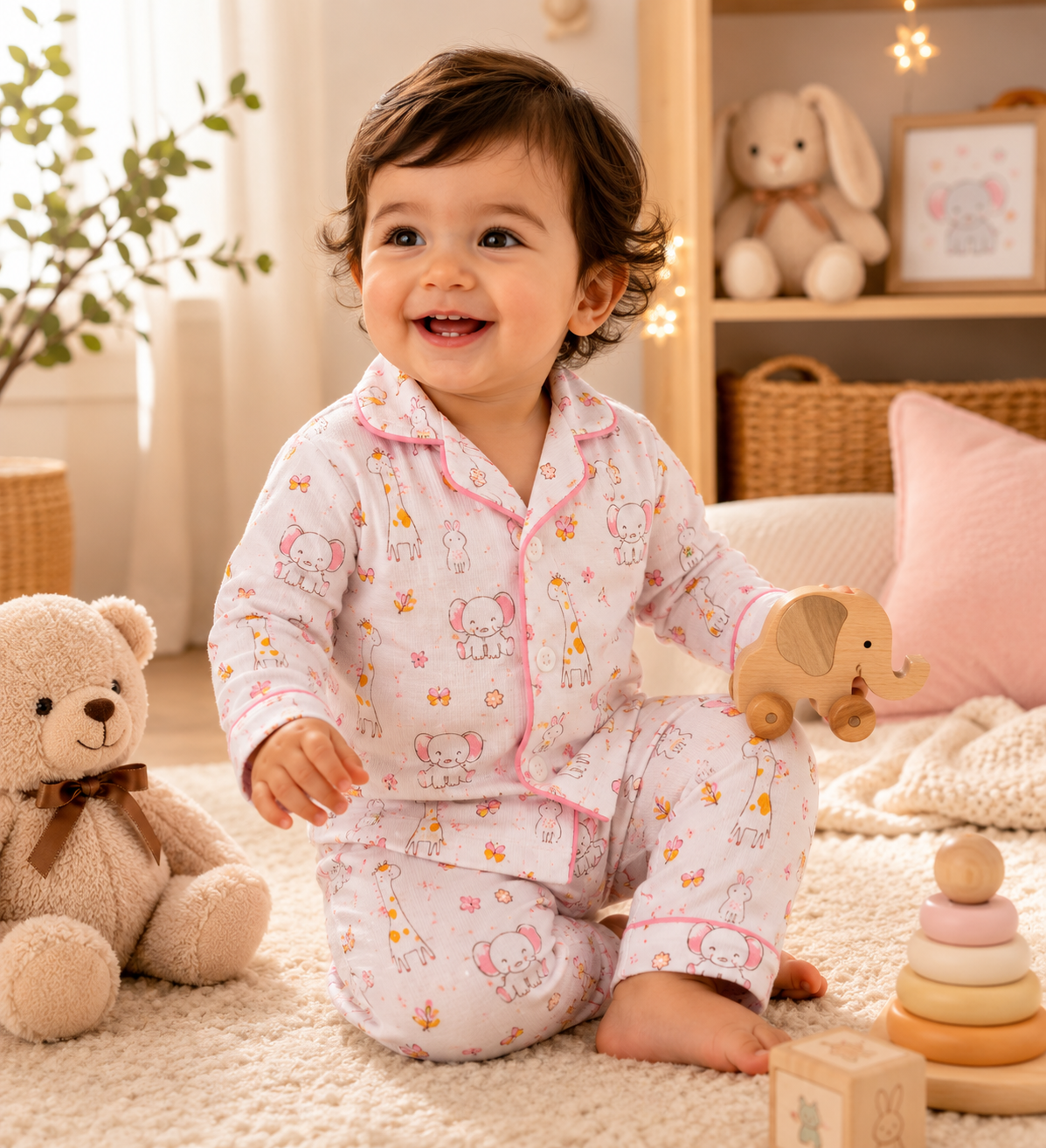 Organic muslin cotton night suit in Giraffe & Elephant