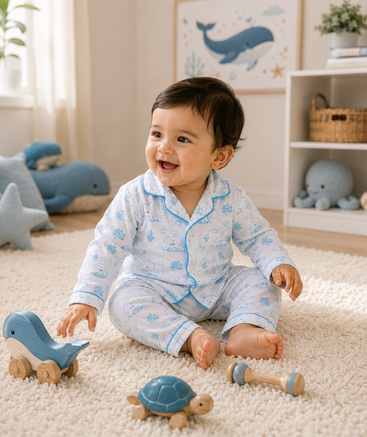 Organic muslin cotton night suit in Whale Fish