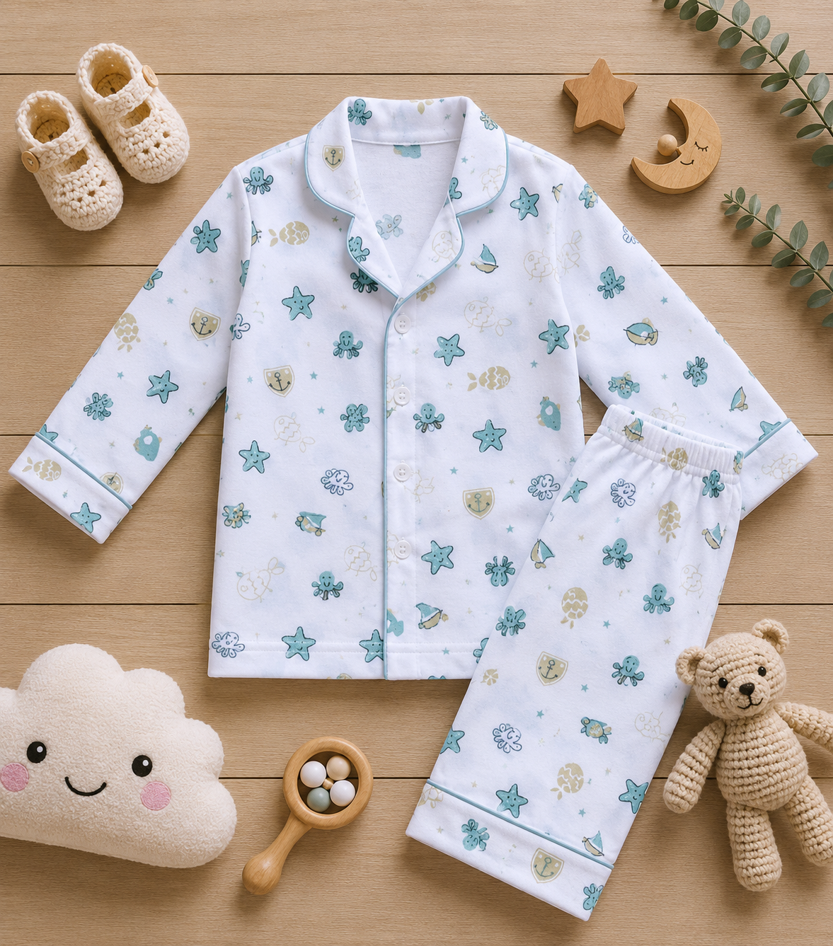 Organic muslin cotton night suit in Star Fish