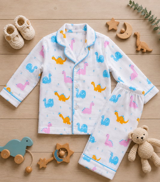 Organic muslin cotton night suit in Little Foot Dino