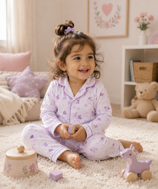 Organic muslin cotton night suit in Purple Bird